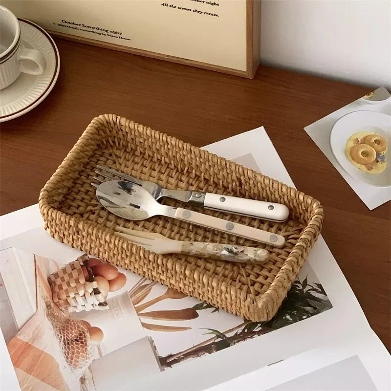 Desktop Rattan Storage Box Rectangular Cosmetic Finishing Box Sundries Storage Basket Ins Wind Decorative Ornament