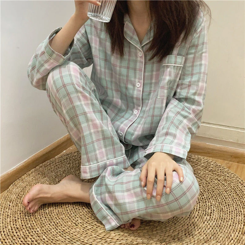 Pijama de manga larga con solapa para mujer, conjunto de ropa de dormir con cárdigan y pantalones de dibujos animados para el hogar, primavera y otoño