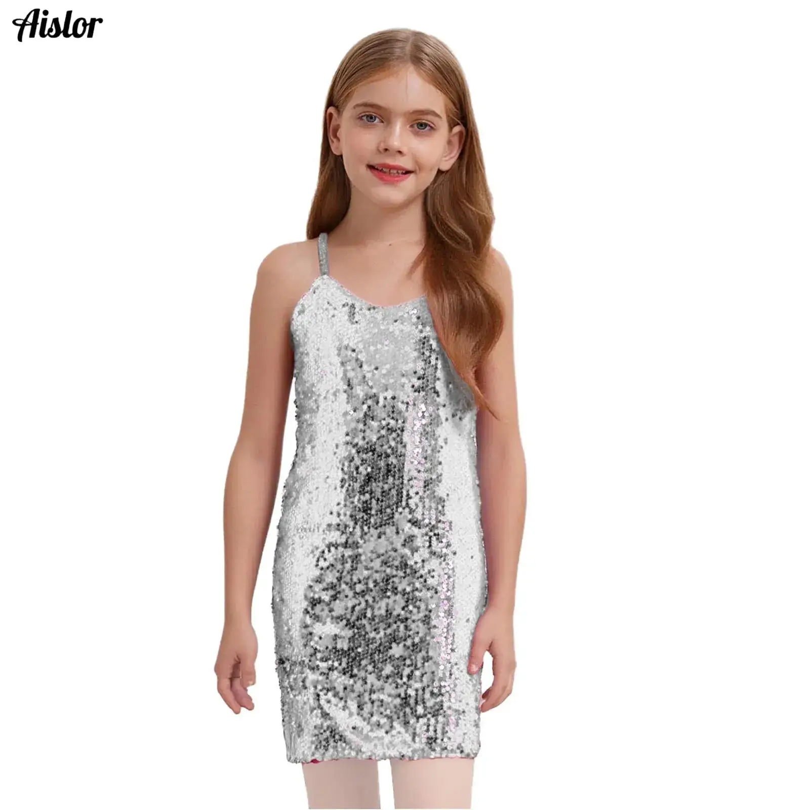 

Girls Shiny Sequins Jazz Dance Dress Elastic Spaghetti Straps Dress Wedding Party Prom Ballroom Cha-Cha Performance Dancewear