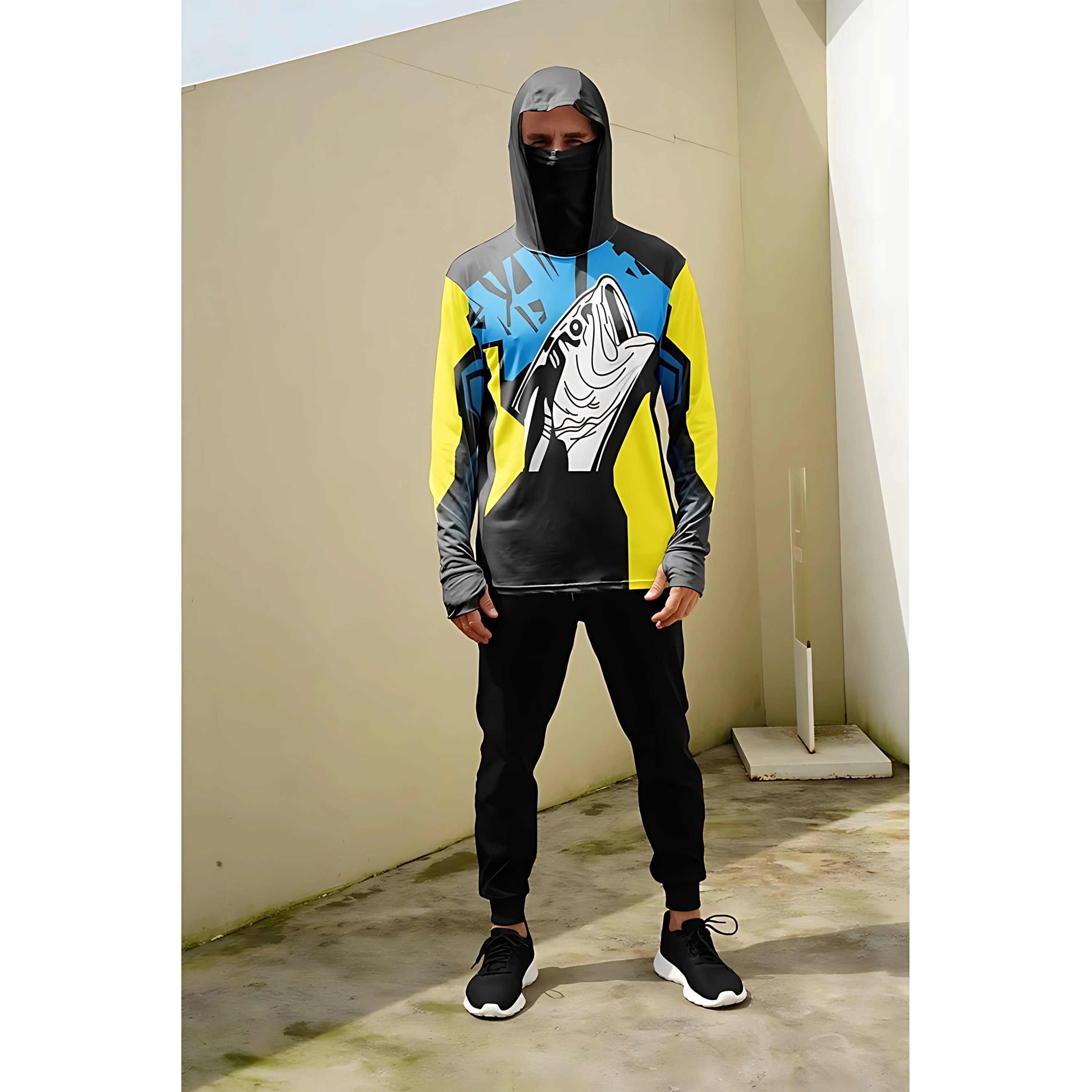 Men's long-sleeved T-shirt with sun protection hooded jacket protective mask one-piece outdoor long-sleeved top view 3