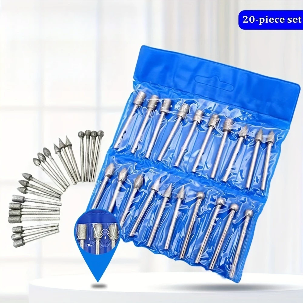 20pcs Diamond Grinding Burr Drill Bit Set, Rotary Tool Accessories, Stone Carving Set, For Glass Carving, Grinding, Polishing