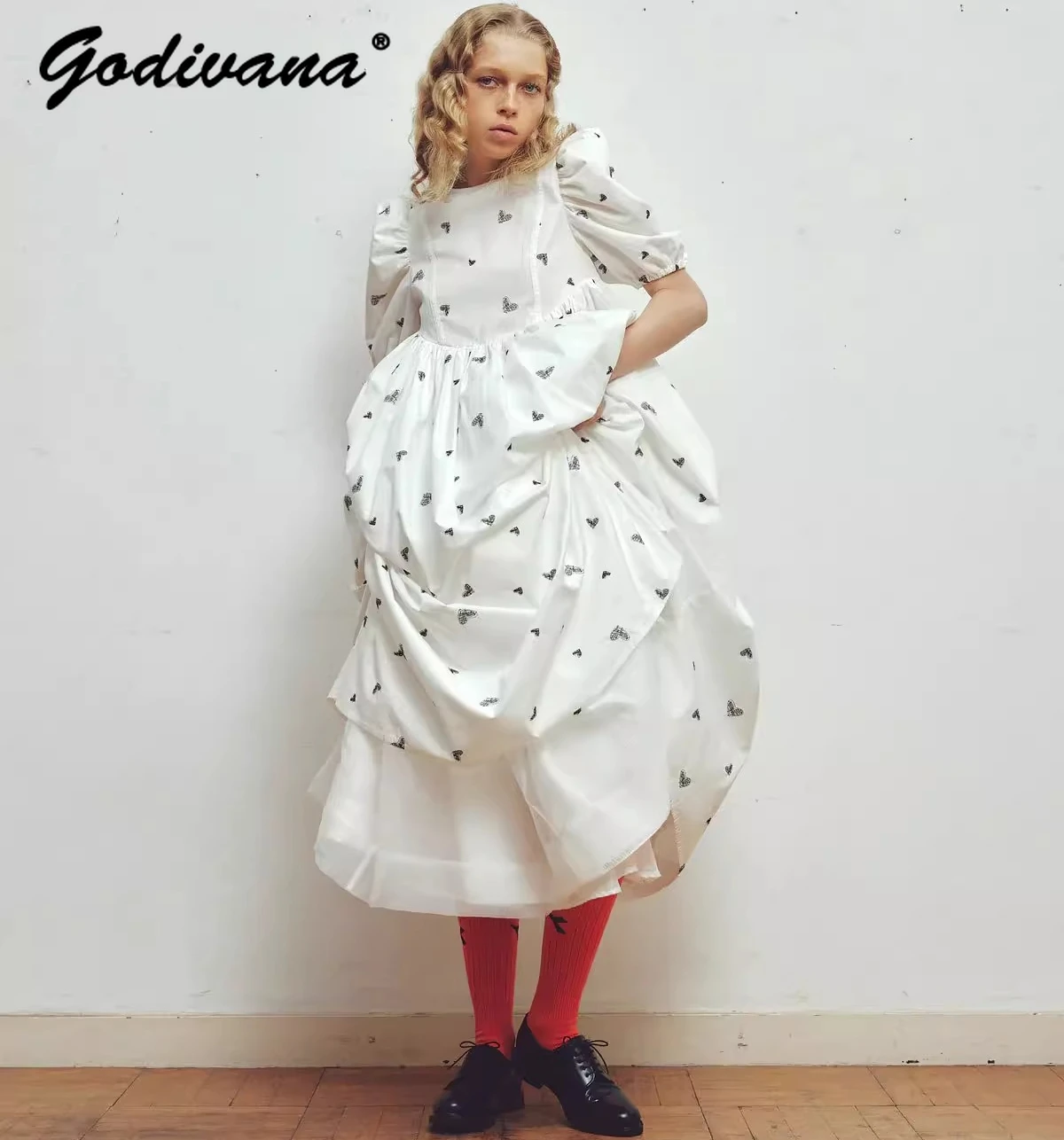 Japanese Style New Summer Women's Sweet Love Embroidery Puff Sleeve Princess Dress Pure Cotton Elegant Long Dresses