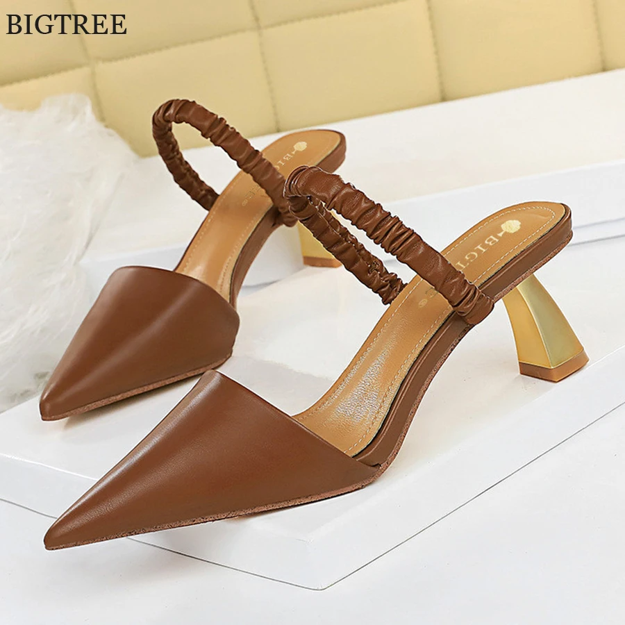 

2025 New Soft Leather Elastic Band Shoes Women Slippers Pointed Retro Thick High Heels Brown Lady Mules Slides Dress Party Pumps