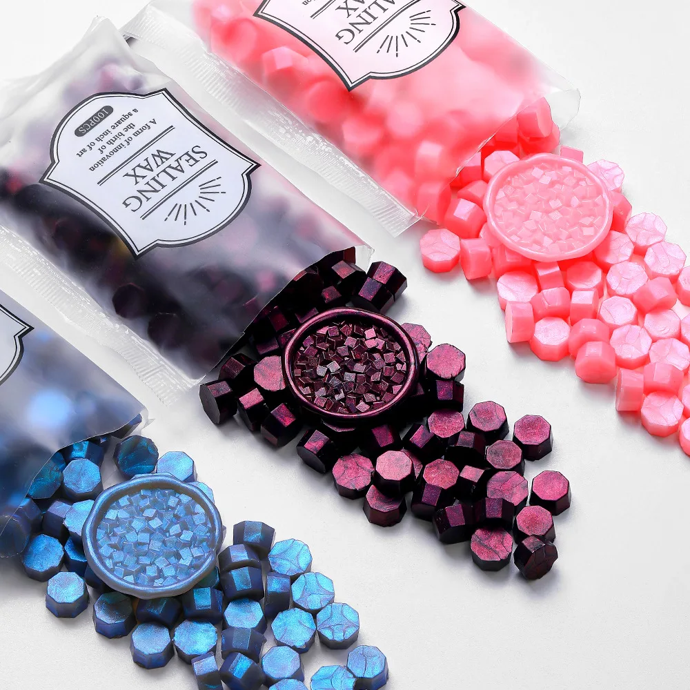 

100 шт. восьмиугольные сургучные бусины Aurora Borealis, темно-синяя огненная краска, восковое зерно, блестящий поляризатор, сургуч для печати для письма