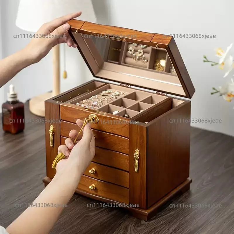 Wood Jewelry Box Large Capacity Wooden Retro National Style Jewelry New Wedding Gift Practical Box