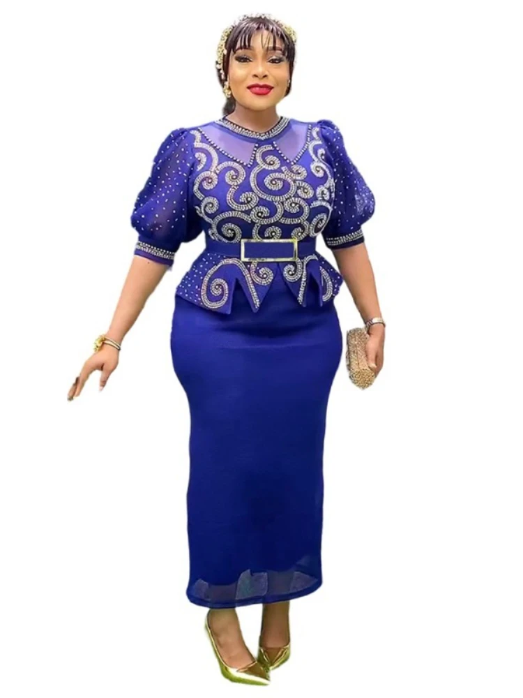 

African Dress For Women 2025 Fashion Elegant Puff Sleeve With Diamond Clothing Plus Size Wedding Party Turkey Daily Dressing