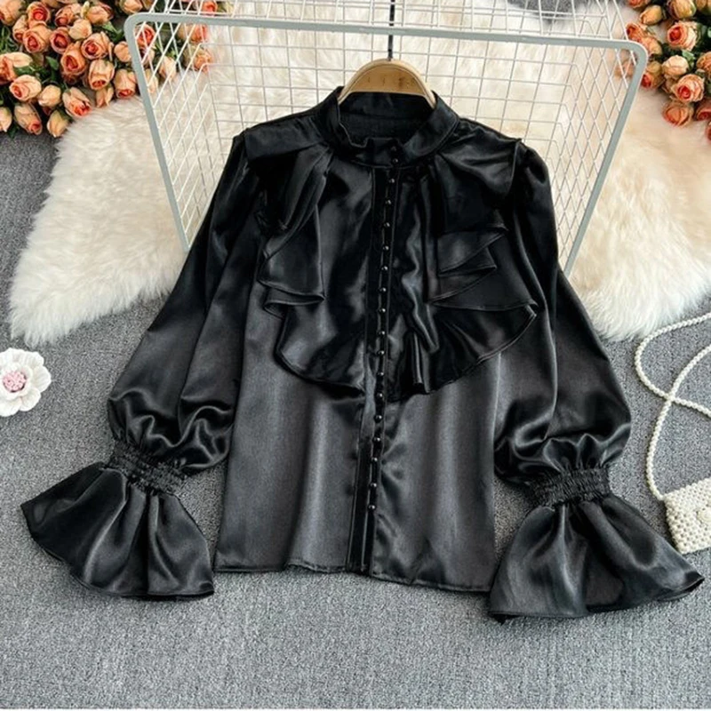 High Quality Satin Loose Shirt Long Flared Sleeves Ruffles O Neck Beading  Women Gentle Office Lady Casual Blouse