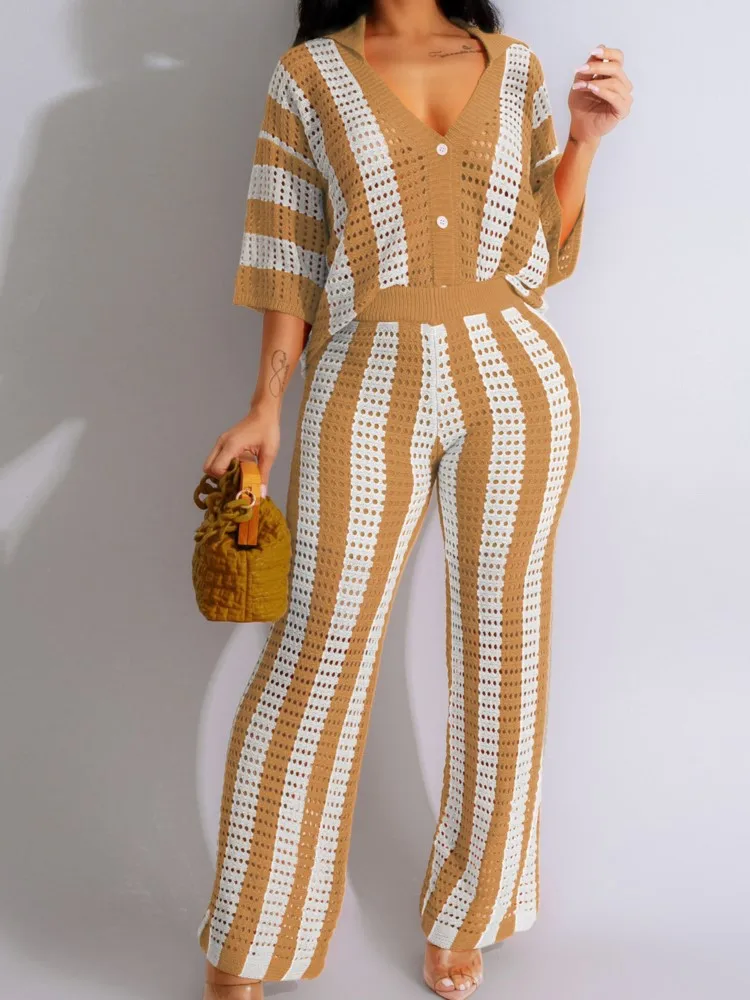 

New Fashion Set Striped Knitted Pants Set Women 2 Piece Outfit Elegant Hollow Out Button Up V-neck Top And Wide Leg Pants Sets