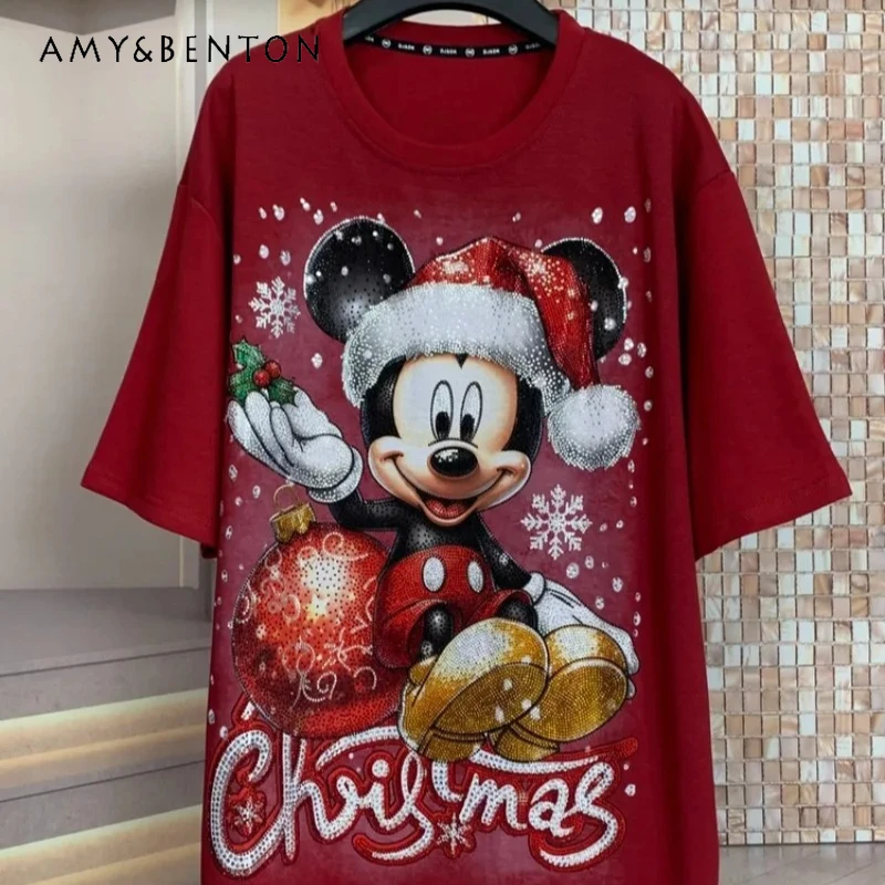 

Full Rhinestone Christmas Cartoon Sweet New Year Age-Reducing Tshirts Popular Loose Short Sleeves T-shirt Top For Women's Tees