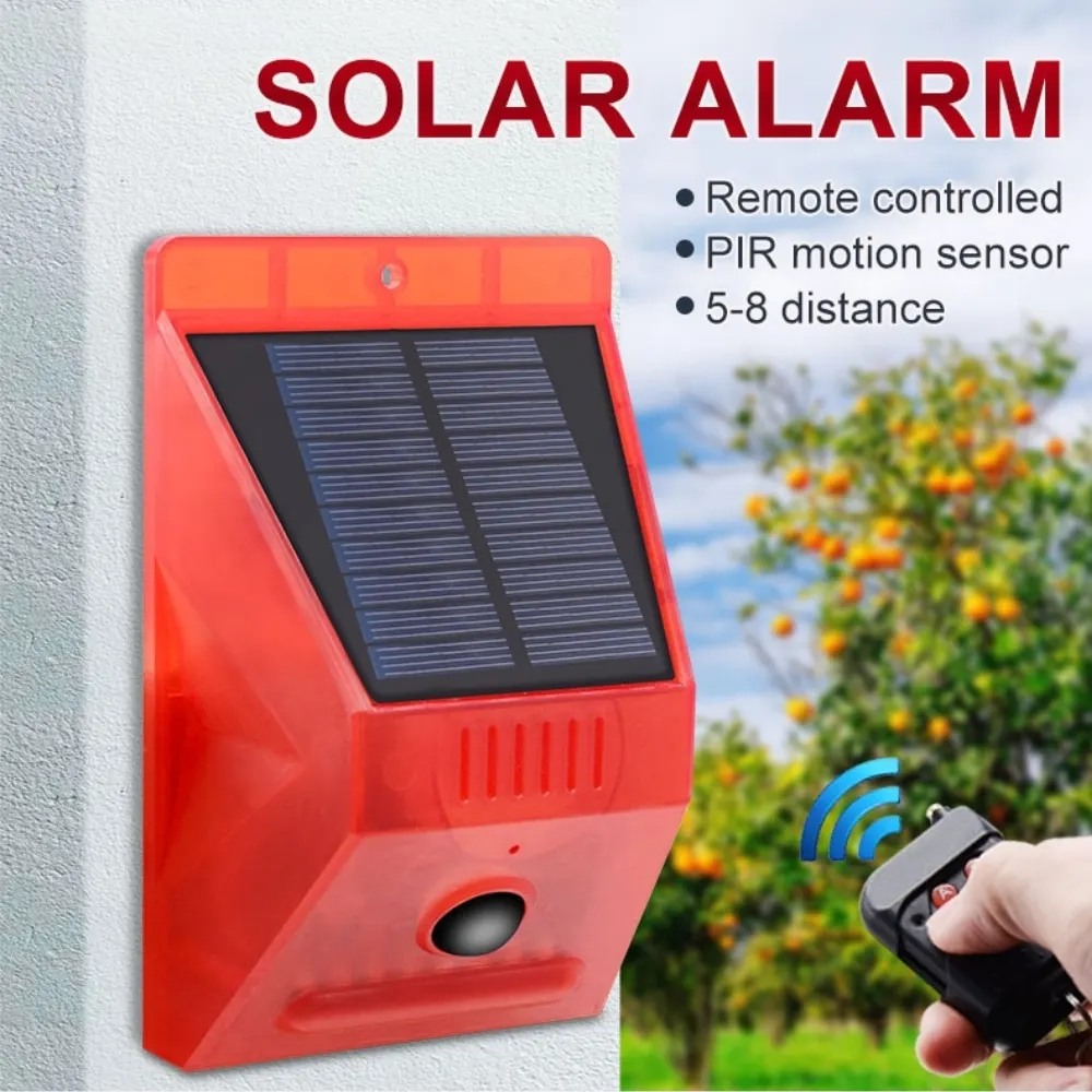 Solar Alarm Light with PIR Motion Sensor 433Mhz Remote Control 120DB Loud Security Siren for Home Outdoor IP65 Waterproof