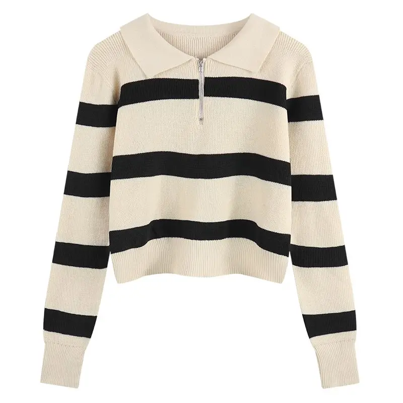 Women\'s Clothing Polo Collar Striped Knit Pullovers Autumn Short Fashion All-match Zipper Sweaters Office Lady Casual Loose Tops