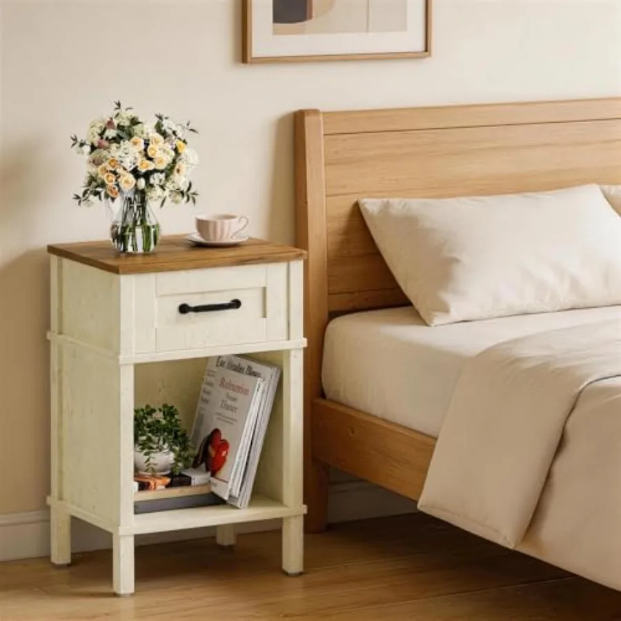 

Farmhouse Nightst with Drawer, Small Wooden Bedside Table, White End Table, Bedroom Side Table with Storage, Rustic Wood Night