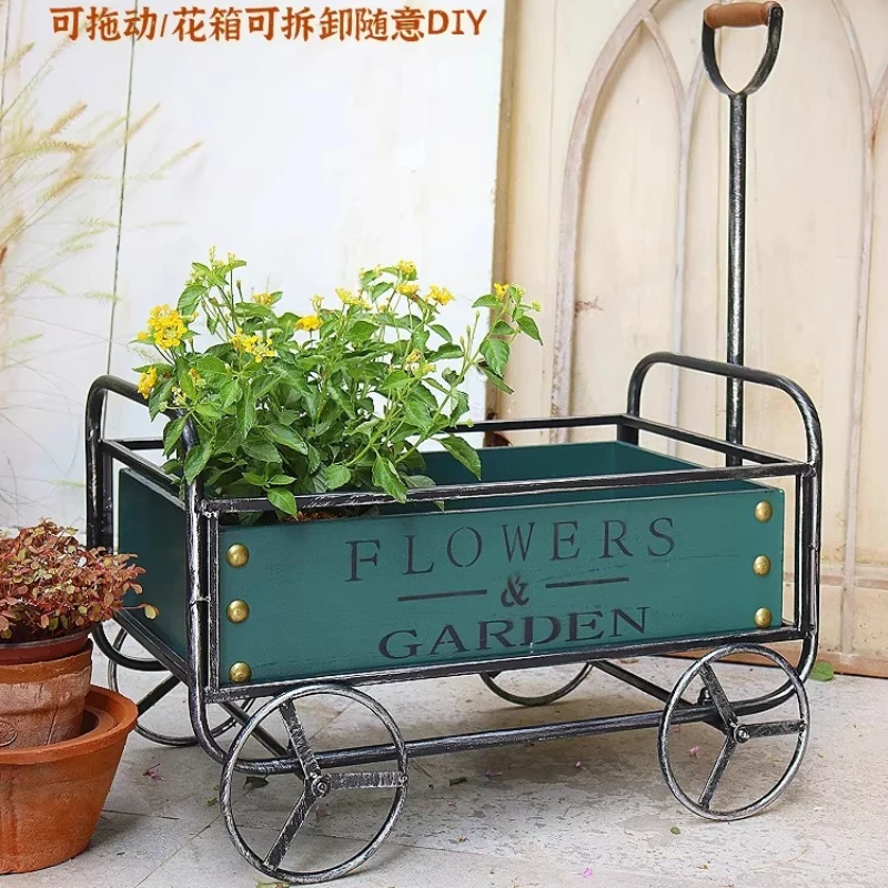 Outdoor Iron Flower Stand Trolley Garden Balcony Decorative Planter Cart Creative Succulent Pot Display Rack Rustic Patio Cart image 4