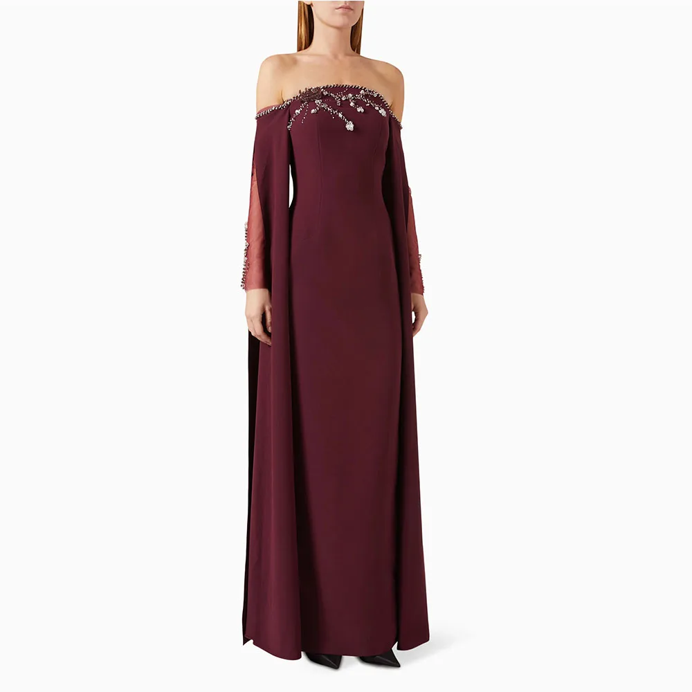 

Elegant Burgundy Evening Dress For Wedding Mermaid Off The Shoulder Prom Dress Floor Sleeves Beading Formal Party Saudi Gown