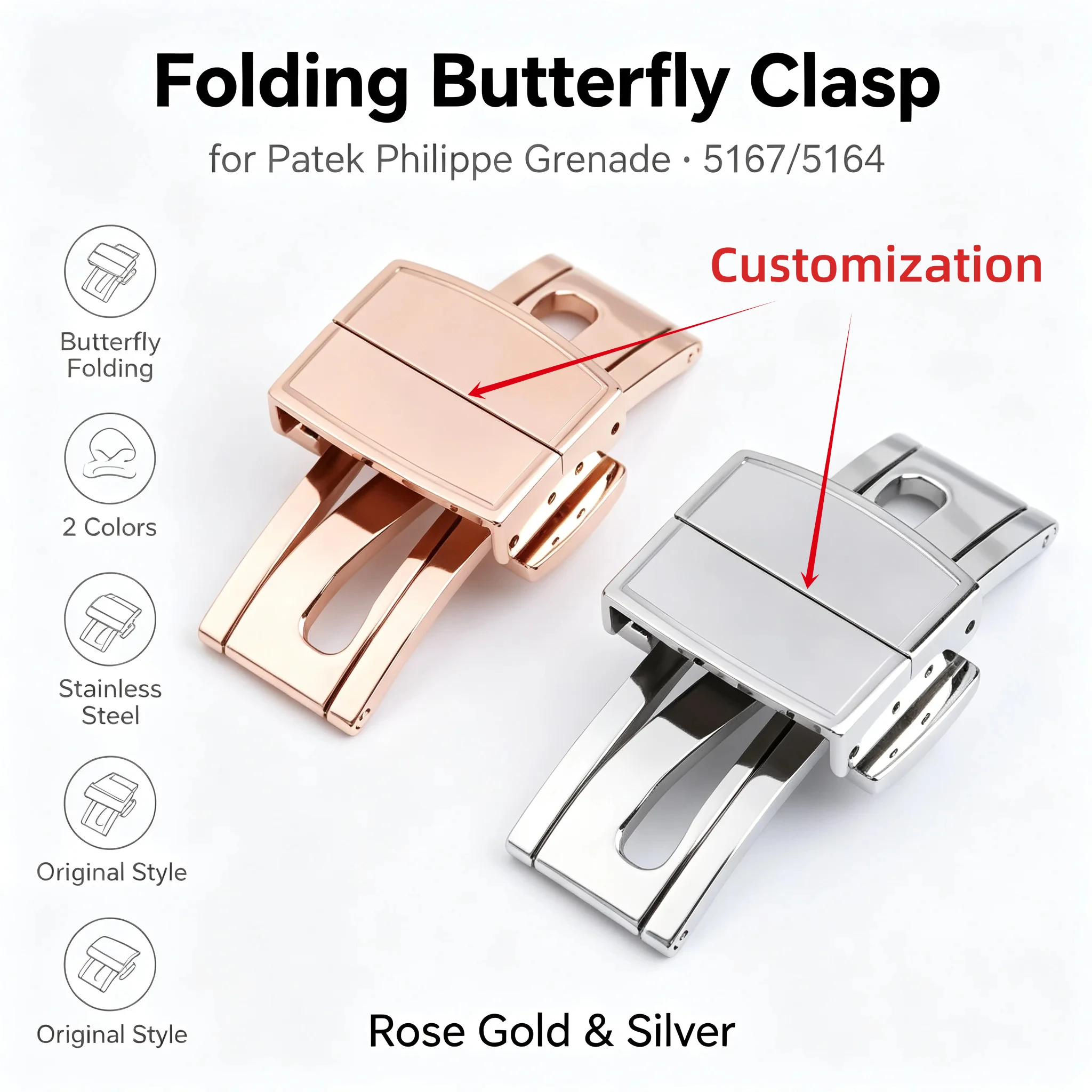 Premium Folding Butterfly Clasp for Patek Philippe Grenade 5167 5164 Rose Gold Silver Stainless Steel Replacement Watch Buckle