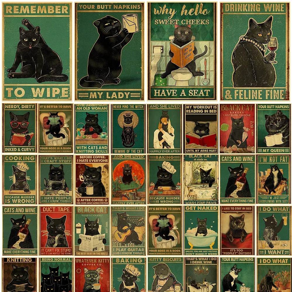 

Vintage Black Cat Poster Your Butt Napkins Kraft Paper Posters Remember To Wipe Funny Bathroom Art Painting Home Wall Decor