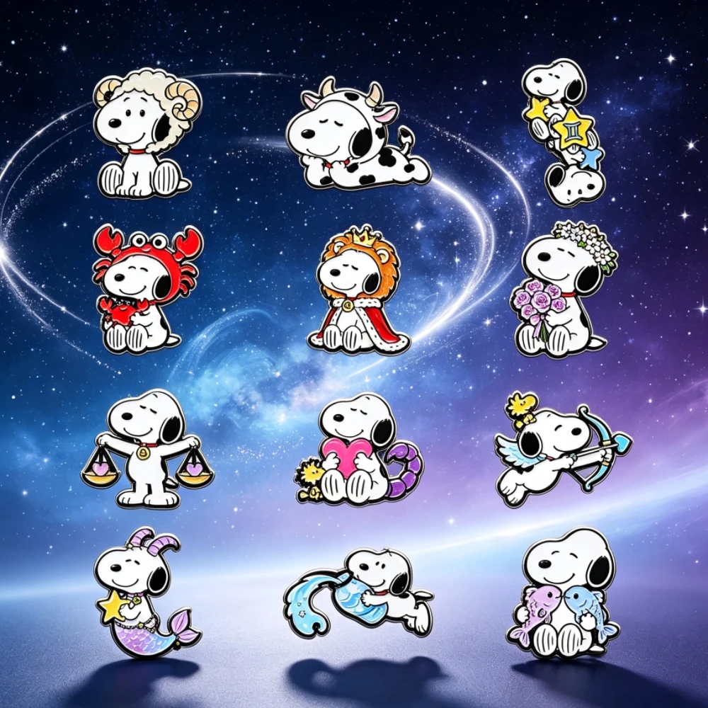 12Pcs Full Set 12 Star Sign Cartoon Dog Badge Set, Creative Constellation Metal Brooches for Collection & Gift