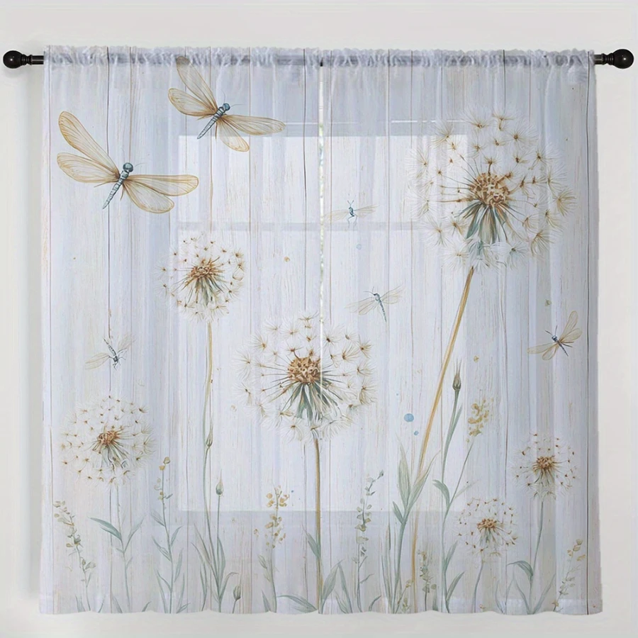 2PCS Digital Print Sheer Curtains, Yellow Dragonfly Dandelion, Nature Summer Garden for Bedroom Living Room Home Decor
