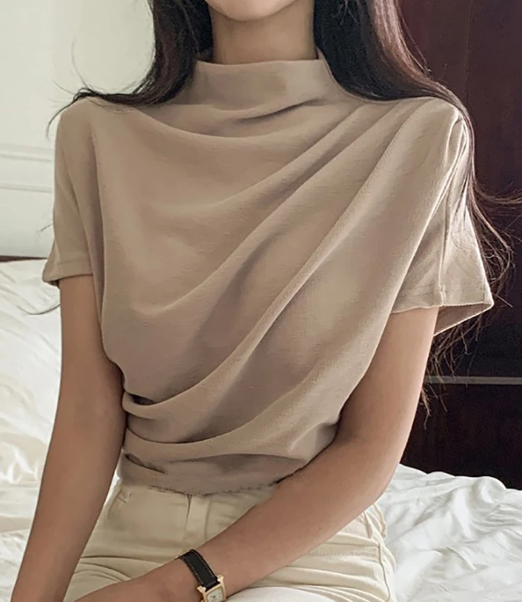 

Half Turtleneck T Shirt Women Short Sleeve Folds Cotton Tshirt Summer Crop Top Womens Clothing Tee Shirt Femme Camisetas Mujer