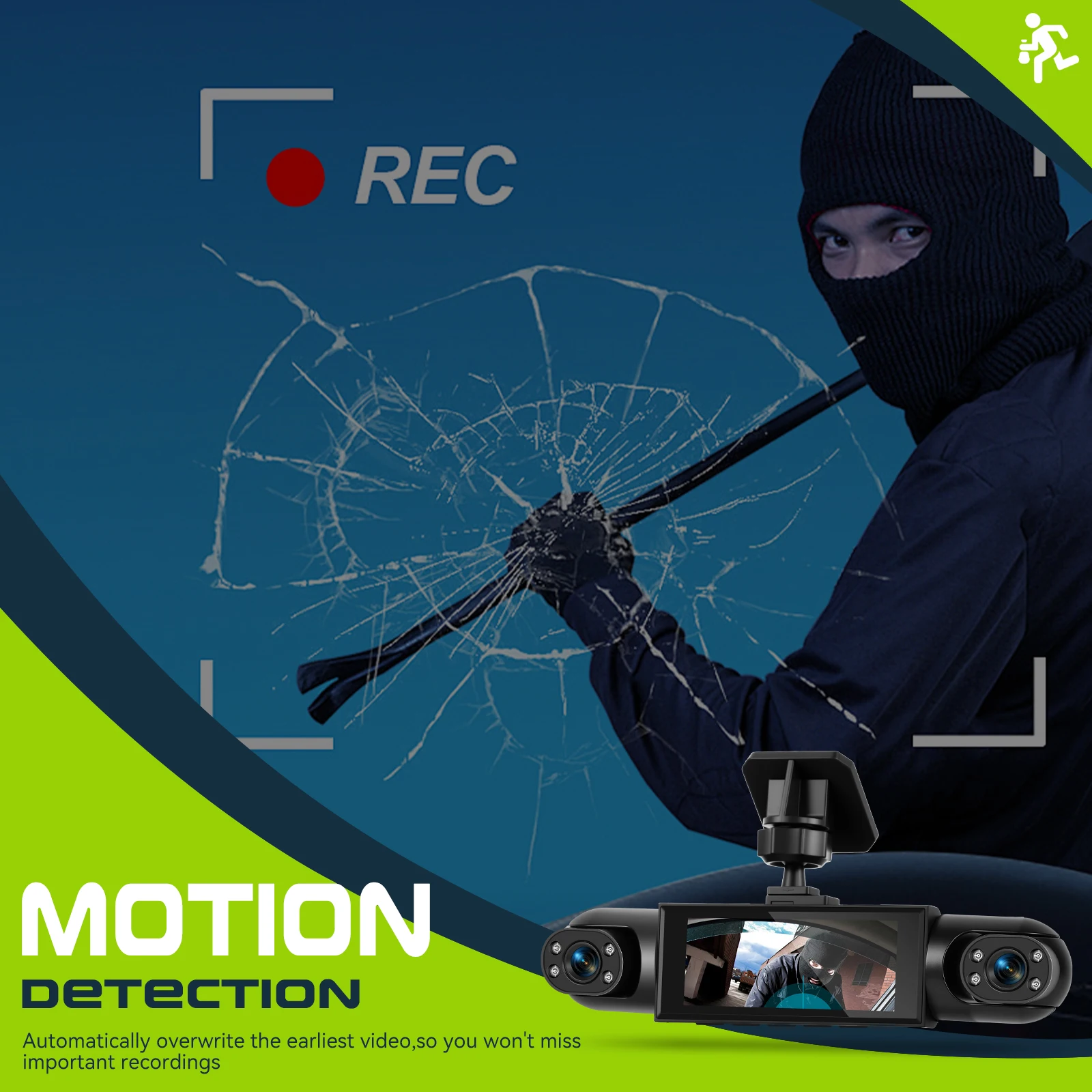Podofo 3,16'' Dashcam mit vier HD-Objektiven, Bewegungserkennung, Auto-DVR, mehrsprachiger Auto-Videorekorder 150 ° Großer Betrachtungswinkel – Detail 2