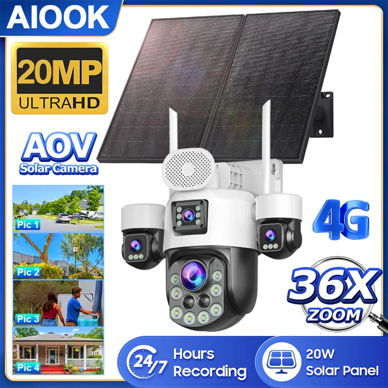 AIOOK 31200 MAh بطارية كاميرا تعمل بالطاقة الشمسية 36x زووم بصري 4 عدسة HD 20MP 4G كاميرا 20 واط لوحة طاقة شمسية لون للرؤية الليلية كاميرا خارجية #1