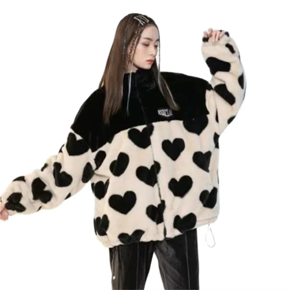 

Women's Faux Rabbit Fur Jacket Autumn And Winter New Love Plush Jacket Women Loose Hooded Thick Cotton-Padded Clothes Tide