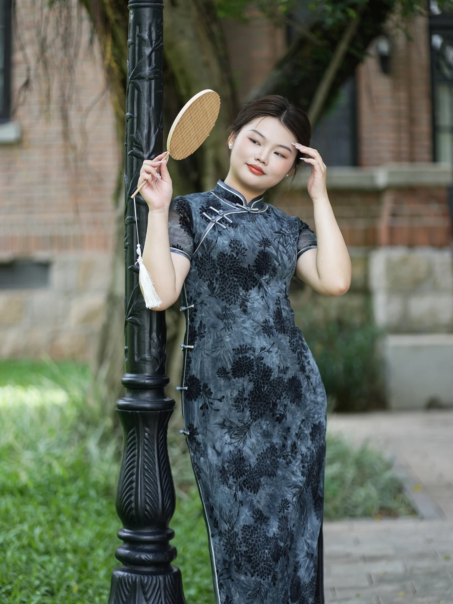 

Blue Jiangnan Fuzzy New Chinese Sle Long Flattering plus Size Skirt Ele Slimming Low Slit Daily Wear