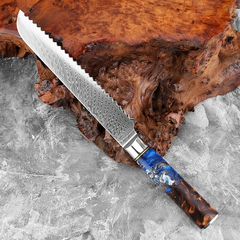 High-end Damascus steel 8-inch bread knife Japanese VG10 steel core serrated knife suitable for baguette bread and cake