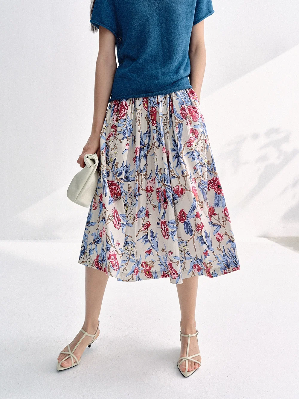 

Mannala Romantic Floral Print Half Skirt Elastic Waist Cotton 100% Summer Vacation Style Women's Loose Fit Short Sleeve
