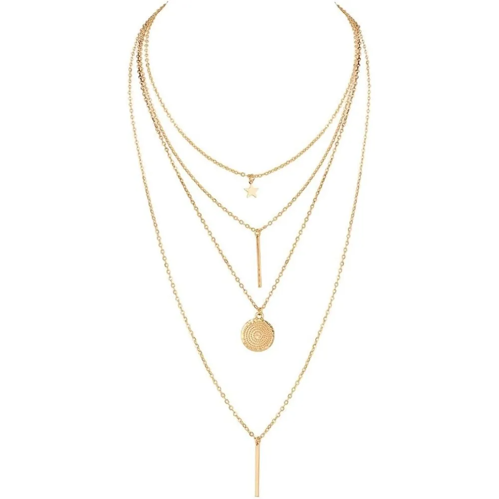 Layers Choker Necklace 14K Gold Silver Plated Y Pendant Necklace Multilayer Bar Necklace Adjustable Layer Necklace for Women