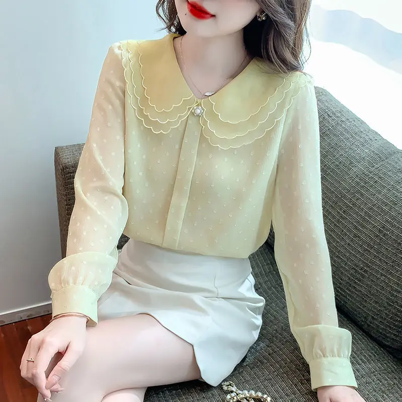 

2024 Autumn Women's Casual Fashion Elegant Commuting Solid Color Double Collar Fashion Doll Collar Ruffle Chiffon Shirt Women