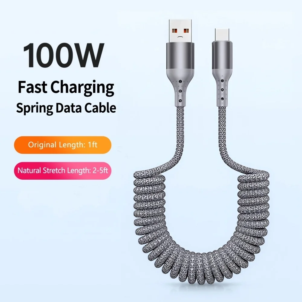 PD 100W Type C Cable Retractable Spring Fast Charging Phone Charger Data Cord For iPhone Samsung Xiaomi Huawei USB C Quick Cable