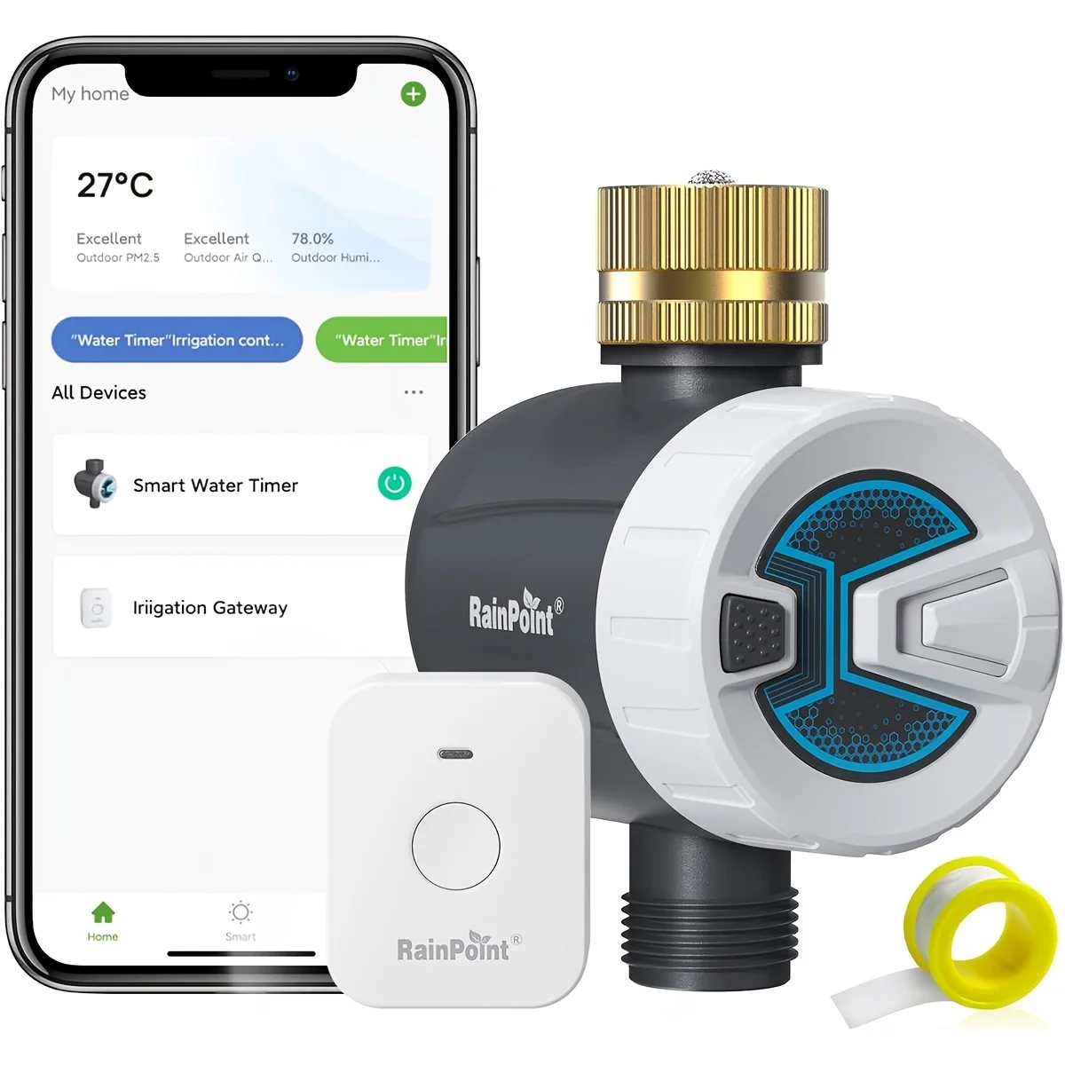 

RainPoint WiFi Garden Watering Timer, Brass Inlet, 2.4GHz WiFi + Bluetooth APP Control, Yard Automatic Irrigation System, 3/4-Inch US Standard Thread
