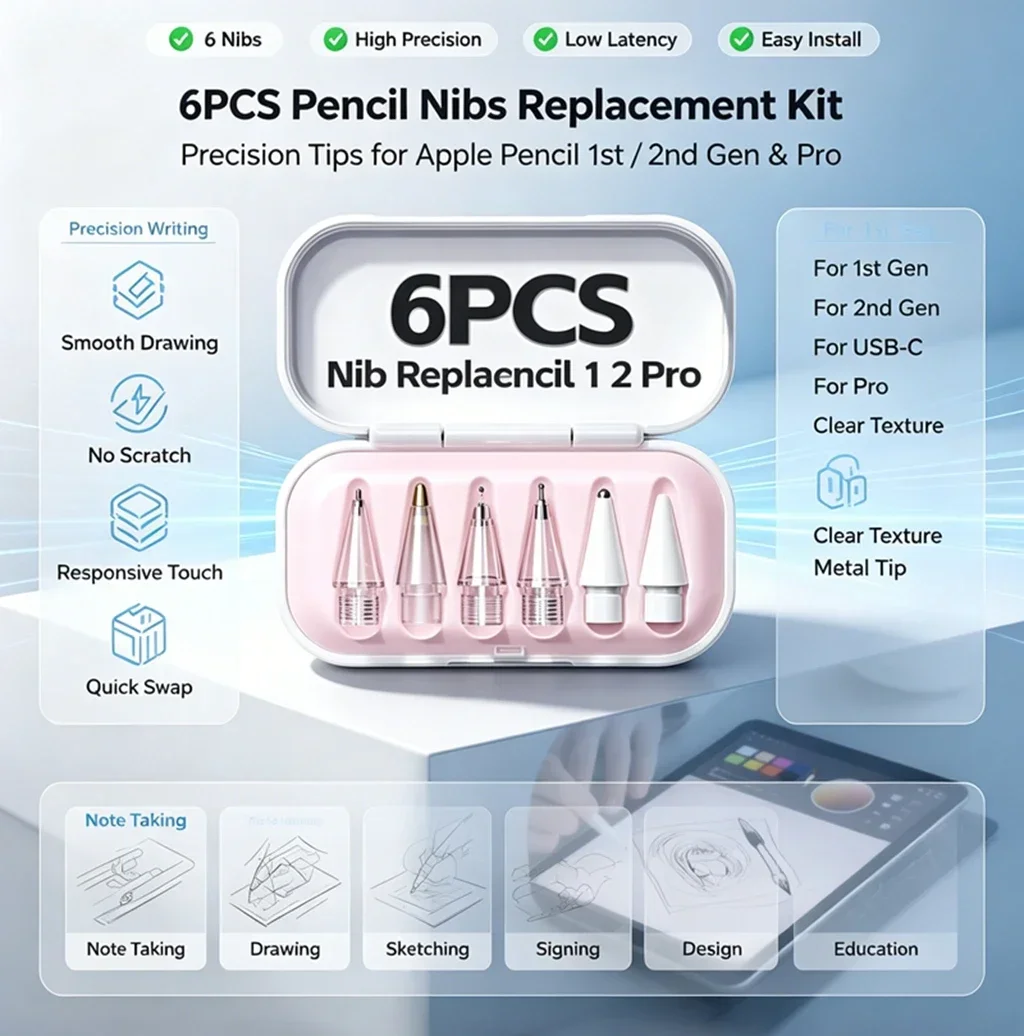 2 Pack 6PCS Replacement Pen Nibs For Apple Pencil 1st 2nd Gen Pro USB-C, High Precision Metal Tips Drawing Nib With Portable Cas