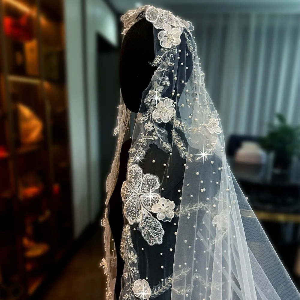 Embroidery floral mopping veil pearl veil bride wedding wedding location photo wedding accessories