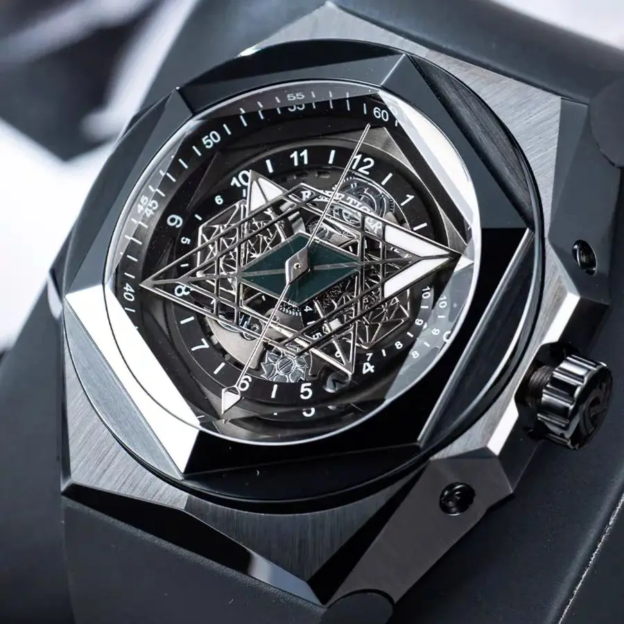 

Reef Tiger Men Automatic Watch 43mm Mechanical Wristwatch Luminous Sapphire Mirror Hexagonal Bezel Month Week Date Rubber Strap