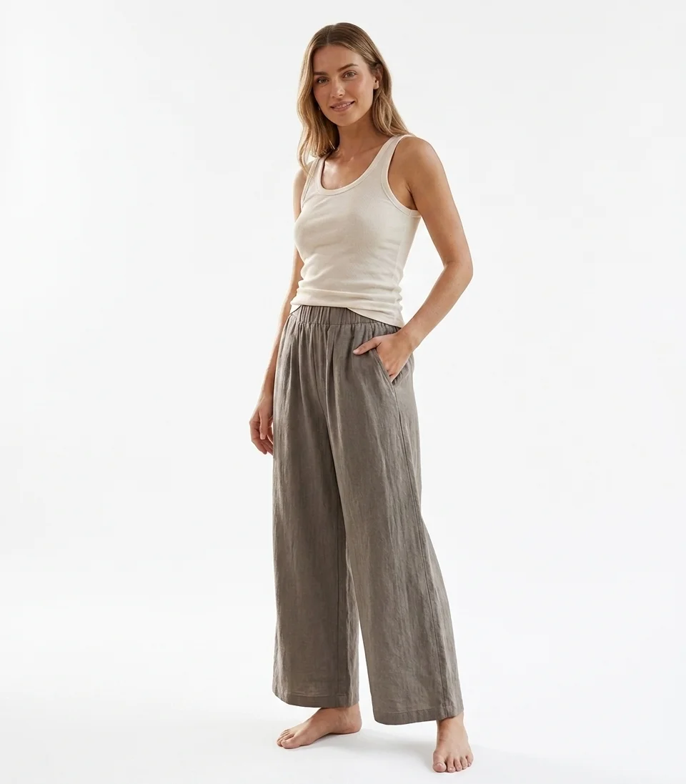 Calças Largas de Algodão e Linho para Mulheres, Cintura Alta Elástica, Calças Soltas com Pregas e Bolsos, Cor Sólida, Estilo Boho de Verão