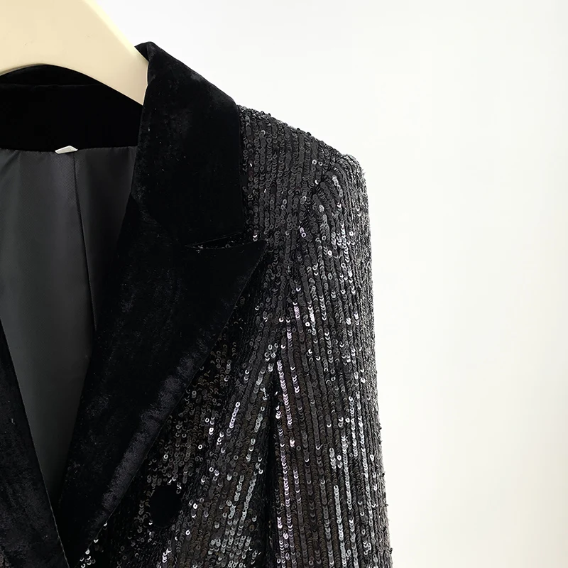 Black Sequined Blazer Women Autumn Double Breasted Button Glitter Sequined Long Party Club Jacket Blazers Women 2023 New