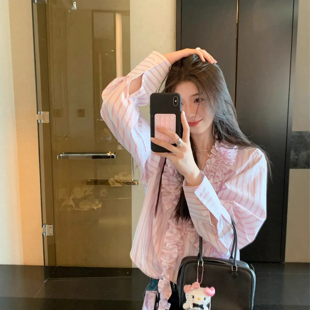 

Стильная рубашка с глубоким V-образным вырезом, розовыми полосками и цветочным узором по краю, с цветовыми блоками, повседневная, удобная, с длинными рукавами, для весны и осени.