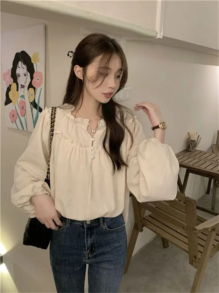 Blouses Women Sweet Autumn All-match Pure Color Stylish Preppy Style Schoolgirl Tender Blusas Casual Harajuku Basic Chic Retro