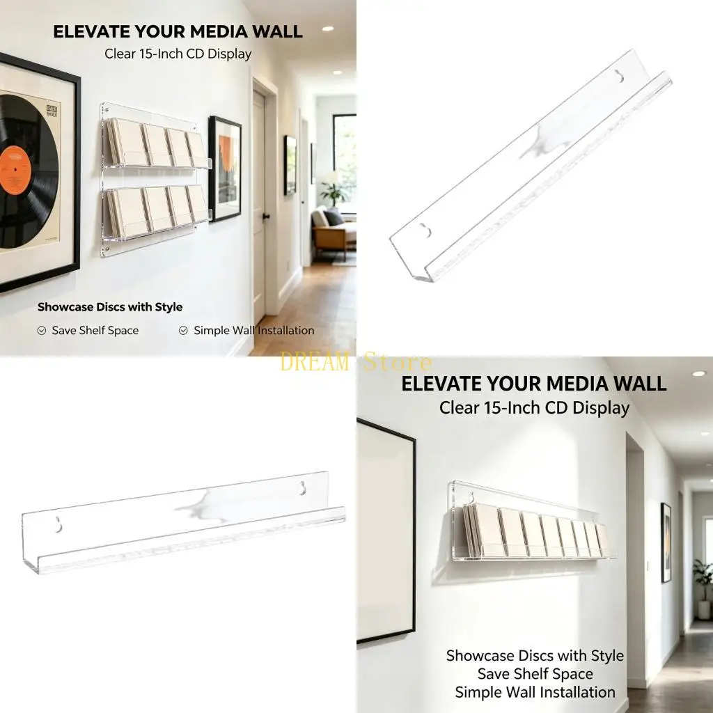 Wall-Mounted Album Display Holders, Clear Acrylic 4 Pack with Raised Front Edges and Independent Spacing for a Flexible Record