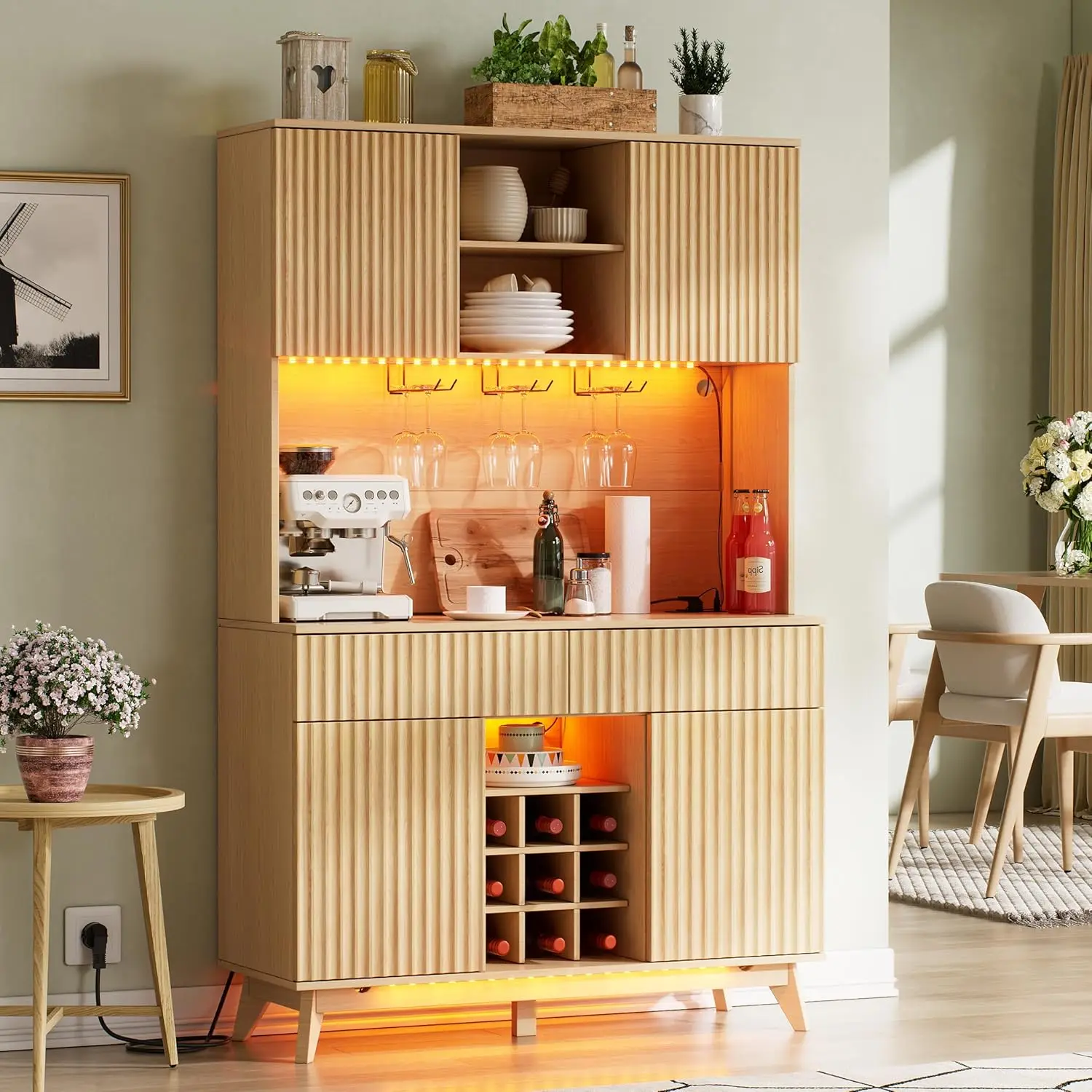 

70" Tall Wine Bar Cabinet LED Hutch 12-Tier Shelf 9-Glass Rack 2 Drawers Dining Kitchen, Customized