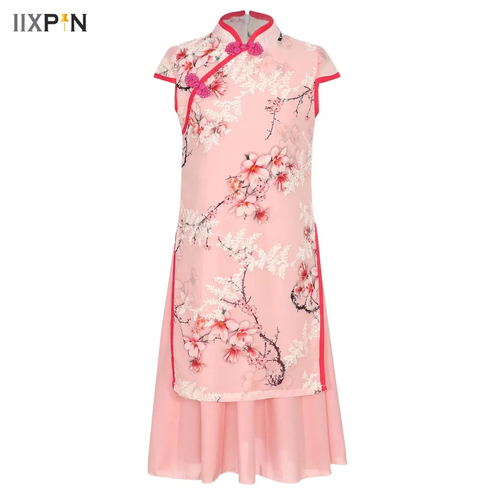

Kids Girls Cheongsam Chinese Traditional Costume Floral Print Embroidery Cap Sleeves Knot Button Sides Split Double-Layer Dress
