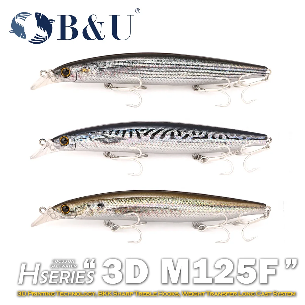 B&U 125mm Floating Minnow Fishing Lure Set Saltwater Long Casting Shallow Diving Hard Jerkbait Wobbler
