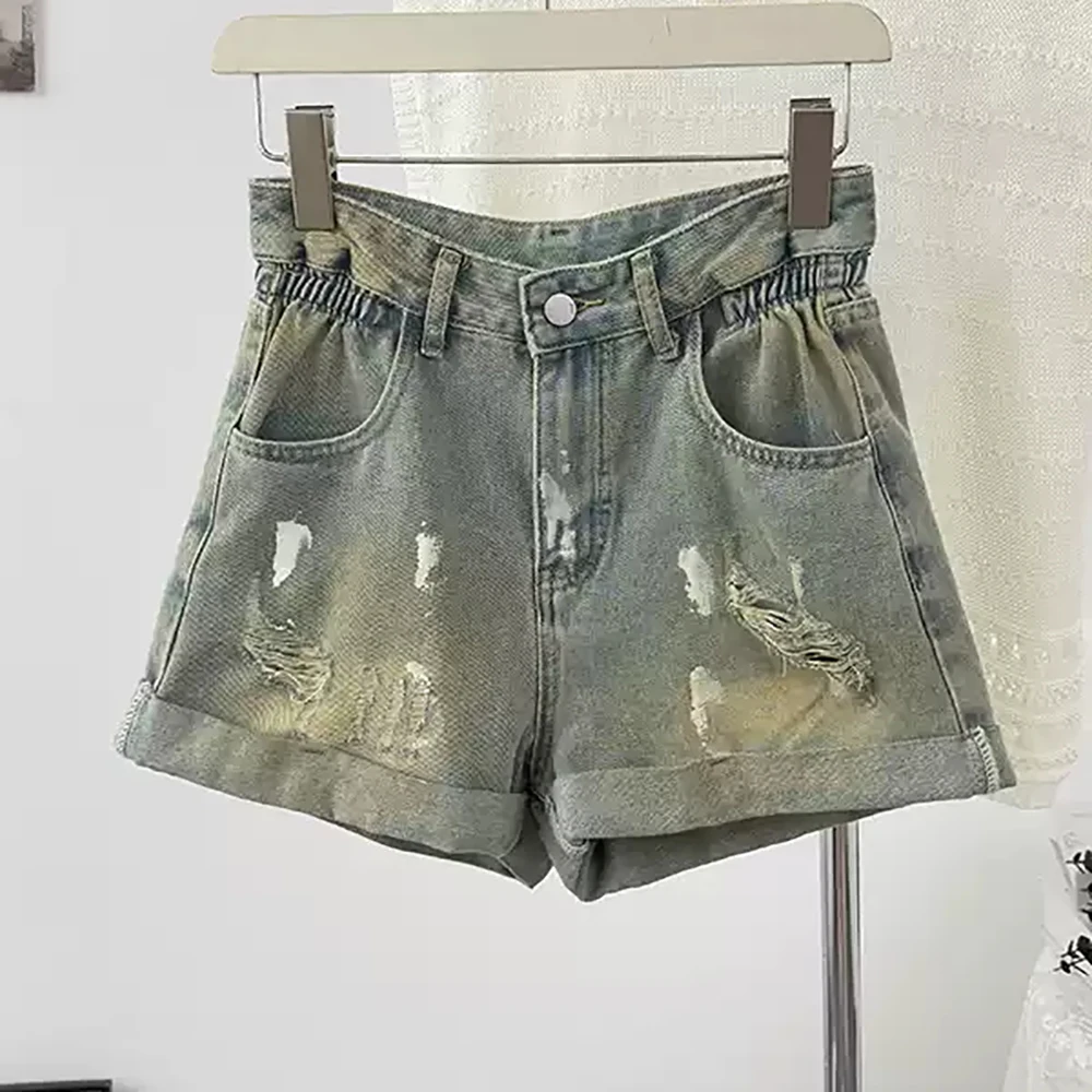 

American Retro Denim Shorts Women's Distressed High Waist Frayed Hole Short Jeans Casual All-Match Shorts Party Club Wear