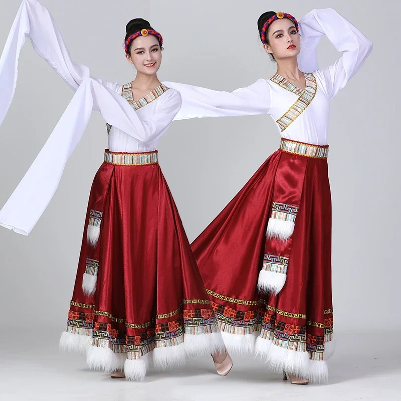 Sukienka do tańca tybetańskiego damska letnia spódnica nowy strój egzamin artystyczny strój narodowy sukienka do ćwiczeń z rękawami