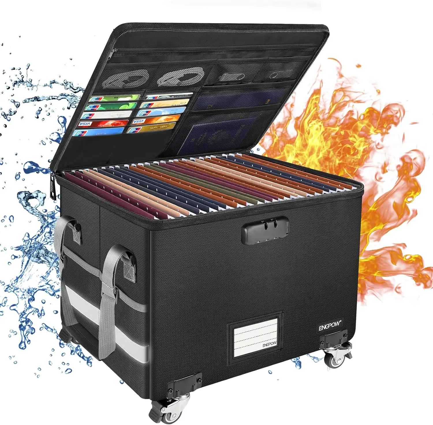 

Fireproof Document Box with Wheels, Collapsible File Box with Lock, Rolling File Storage Organizer Filing Cabinet with Pocket
