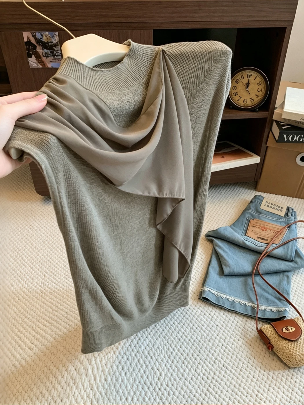 Light Maturity Style Irregular Sash Splice Stand Collar Light Brown Knitted Top Women Autumn New No Sleeve Upper Body