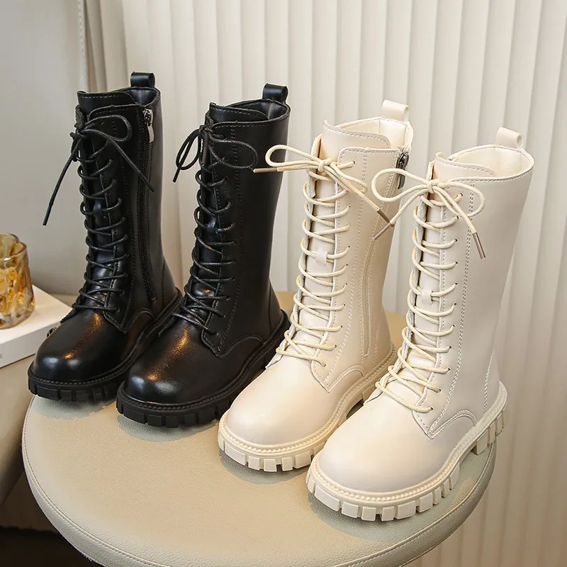 

Autumn/Winter ZIP Fashion Cool Baby Girls Warm Square Heel Round Toe Casual Lace-Up Comfortable Kids Black Mid Boots