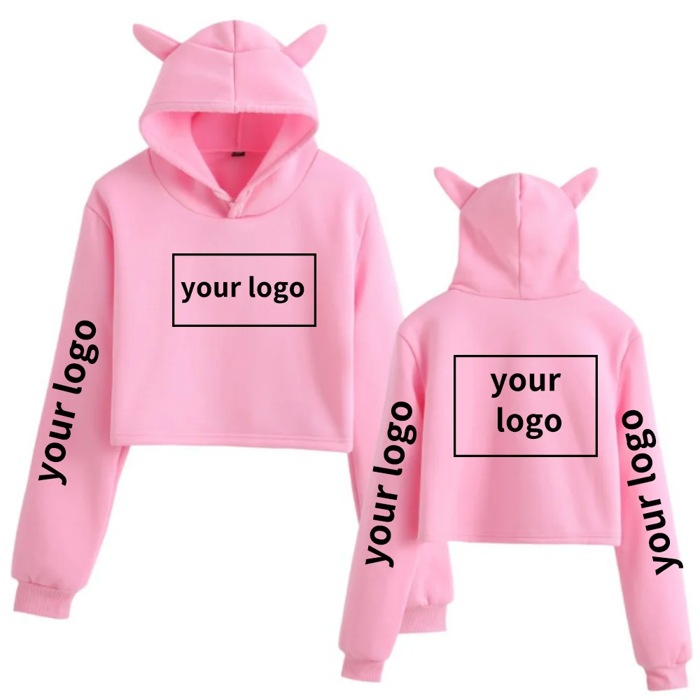 Woman Custom Printing Cat Ear Hoodie Women Diy Your Like Photo or Logo Cropped Sweatshirts Female Casual Streetwear Crop Tops